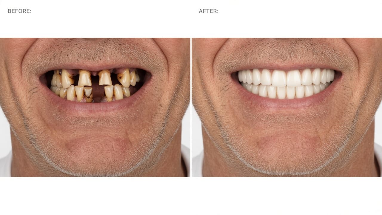 Illustrative All-on-X before-and-after example, case 1 — smiling mouth with fixed full-arch teeth; not a 646 Dentist patient