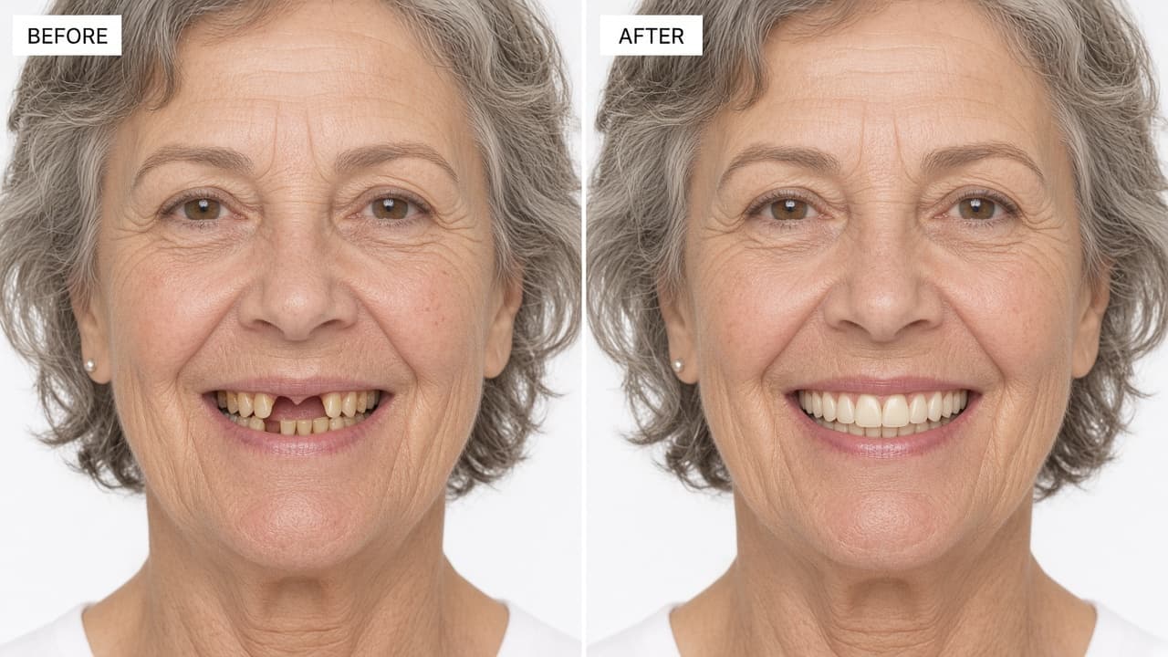 Illustrative All-on-X before-and-after example, case 2 — smiling mouth with fixed full-arch teeth; not a 646 Dentist patient