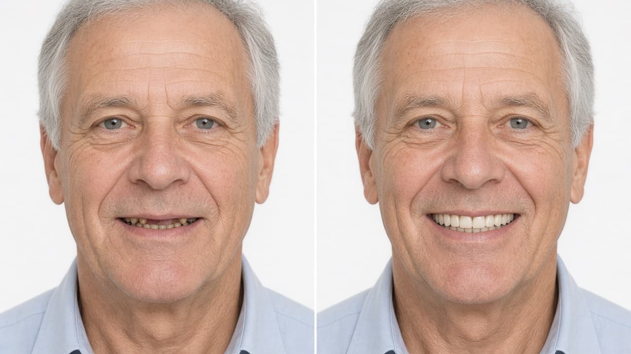 Illustrative All-on-X before-and-after example, case 3 — smiling mouth with fixed full-arch teeth; not a 646 Dentist patient